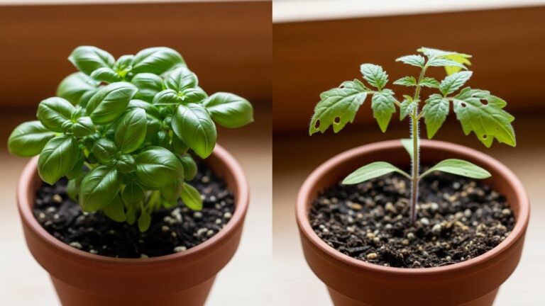 Healthy green basil and a damaged tomato plant in terracotta pots on a windowsill.