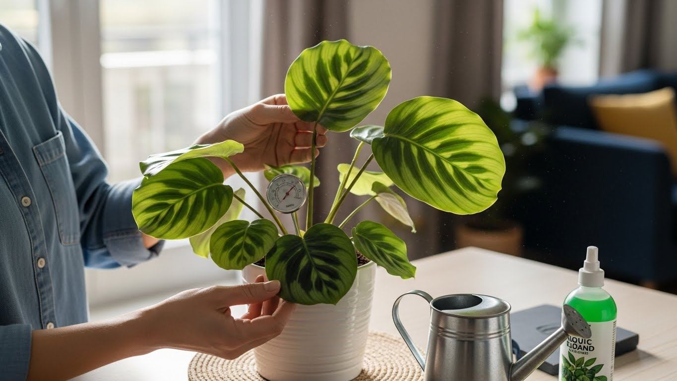 Beginner watering and caring for Calathea plant with thermometer