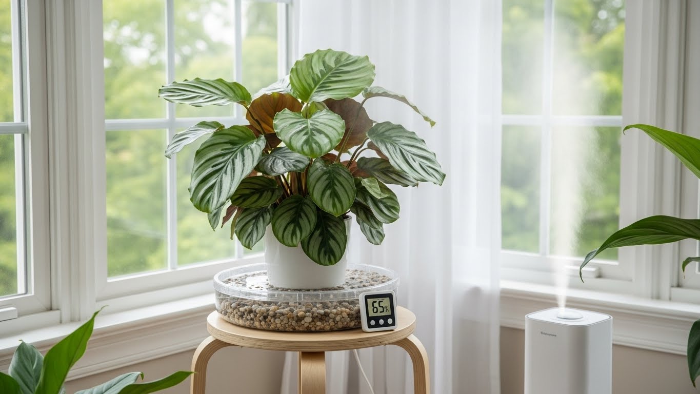 Calathea plant with humidifier near bright window highlighting ideal care conditions