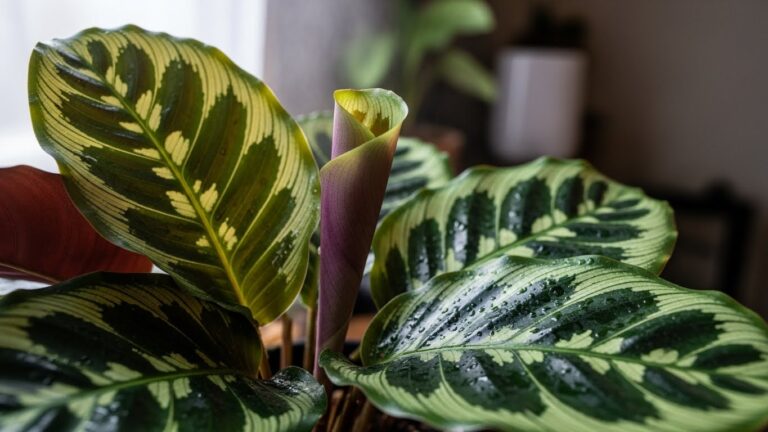 Vibrant Calathea leaves with water droplets, showcasing prayer plant features.