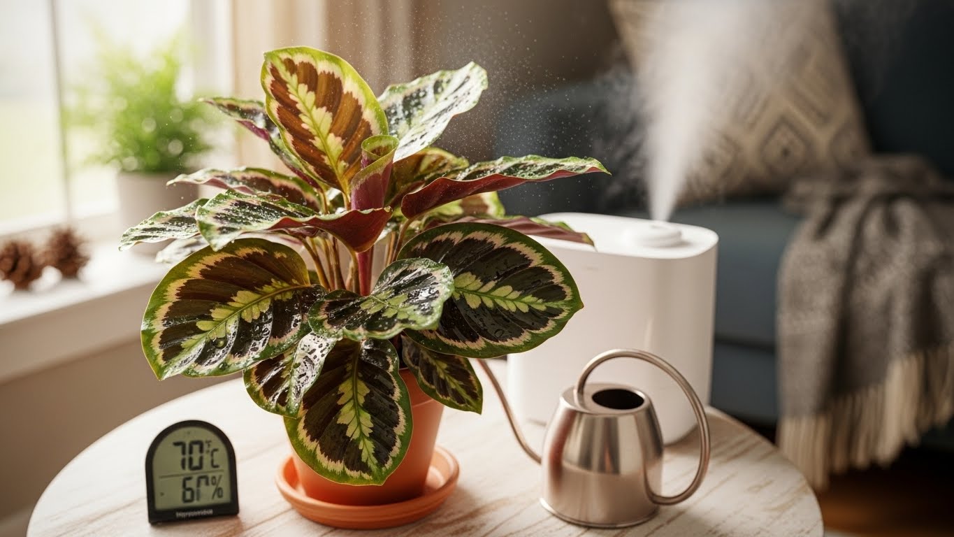 Calathea plant with a humidifier in a cozy indoor setting during winter