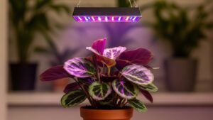 Calathea plant under full spectrum grow light for low-light indoor setup