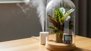Calathea plant under glass dome with humidifier misting on wooden table
