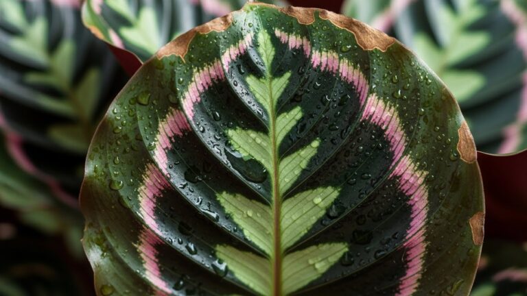 Close-up of Calathea leaf with brown edges and water droplets