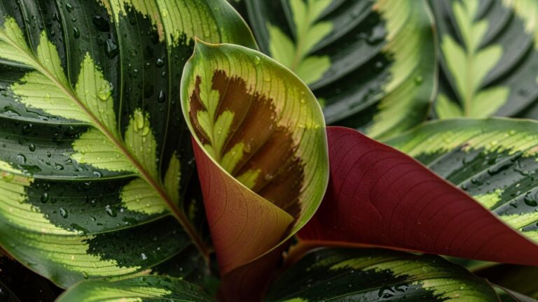 Close-up of Calathea leaf with striking green and red patterns