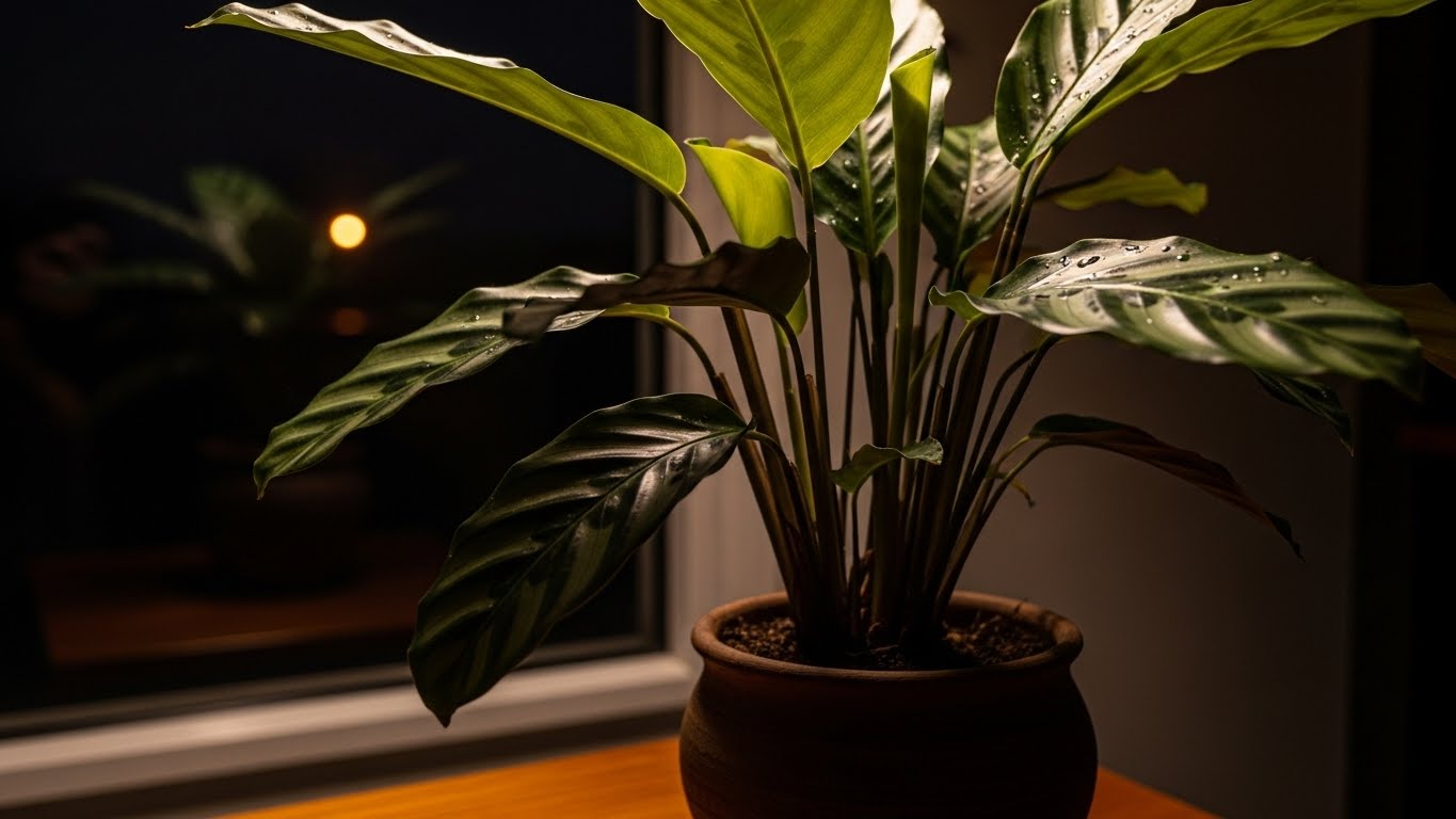 Calathea plant at night displaying closed leaves