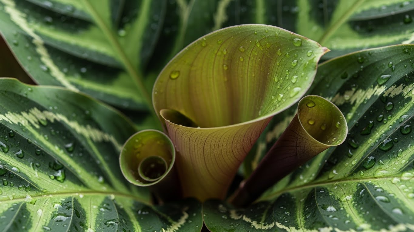 Curled Calathea leaves with water droplets