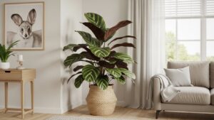 Calathea plant in living room, pet-safe and non-toxic home decor