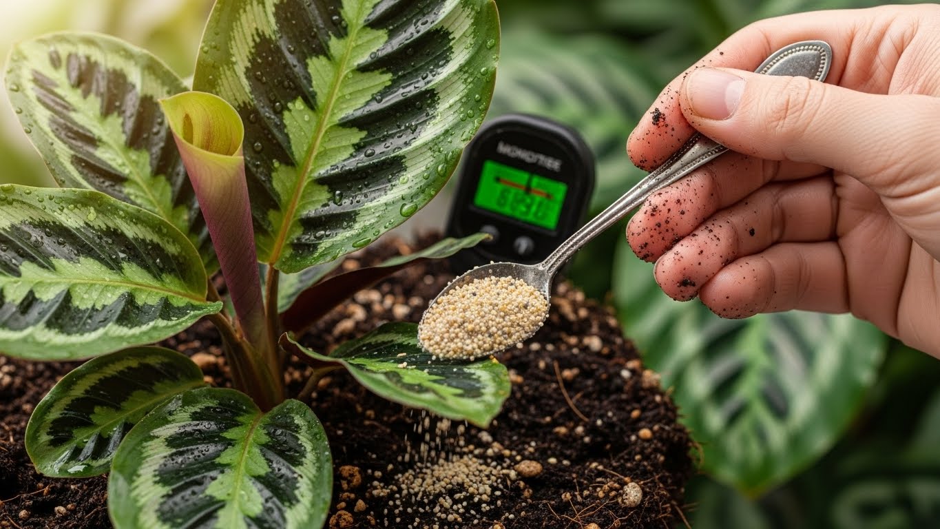 Hand applying granular fertilizer to Calathea plant soil