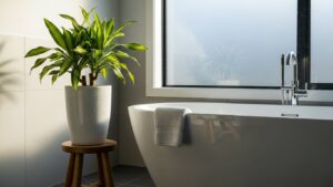 Dracaena plant in a modern bathroom with natural light and humidity.