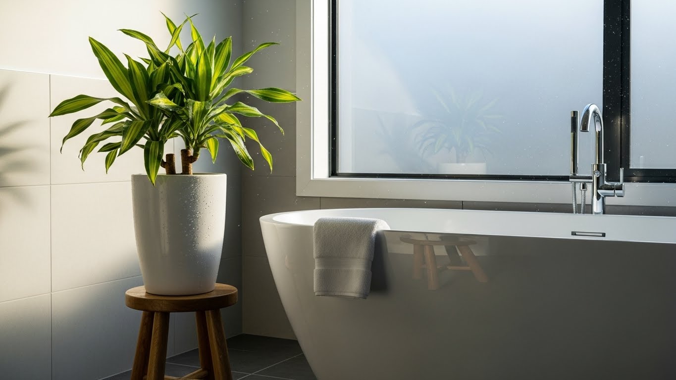 Dracaena plant in a modern bathroom with natural light and humidity.
