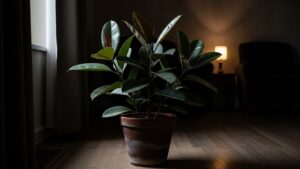 Rubber plant in low light indoors highlighting its adaptability