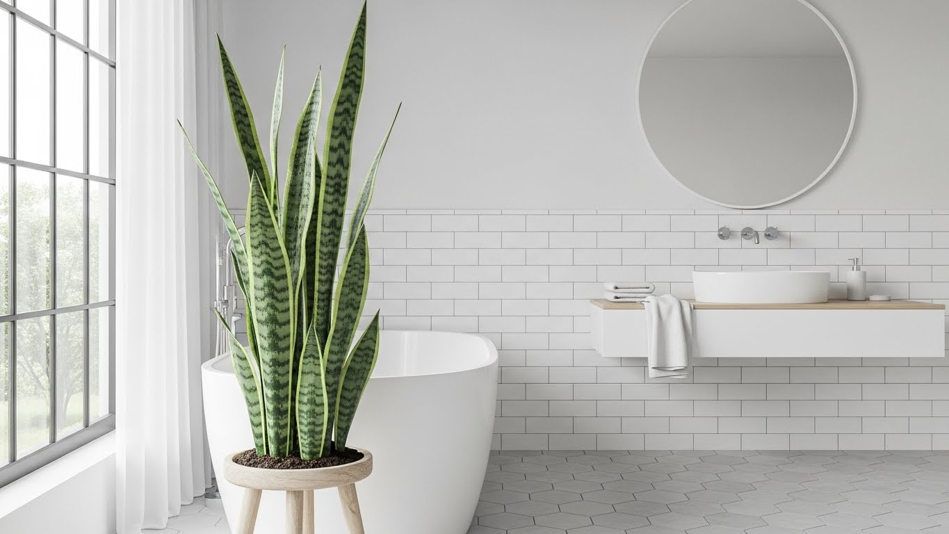 Snake plant in modern bathroom with white tiles and natural light.