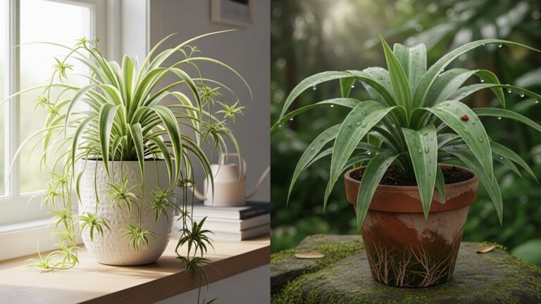 Comparison of indoor and patio spider plants showcasing care differences.