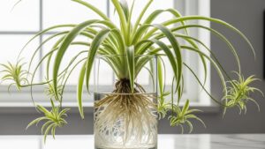Spider plant thriving in water with visible roots and green foliage