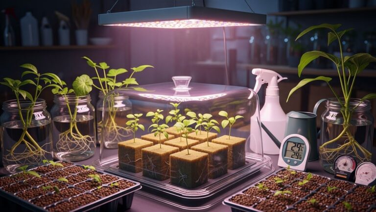 Anthurium propagation setup with seedlings under grow lights in a home greenhouse.