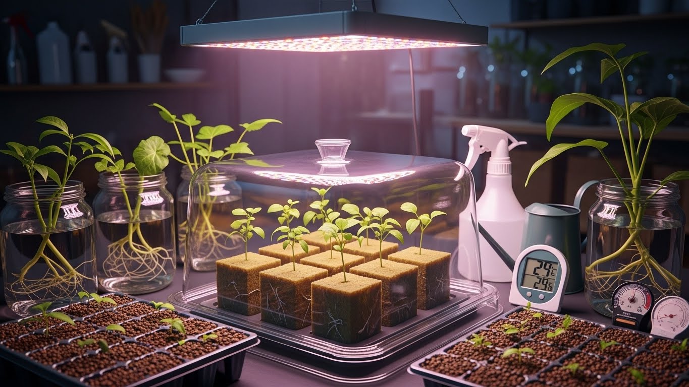 Anthurium propagation setup with seedlings under grow lights in a home greenhouse.