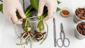 Hands dividing orchid roots with tools for propagation