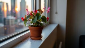 Begonia plant thriving in a bright apartment window with city skyline view