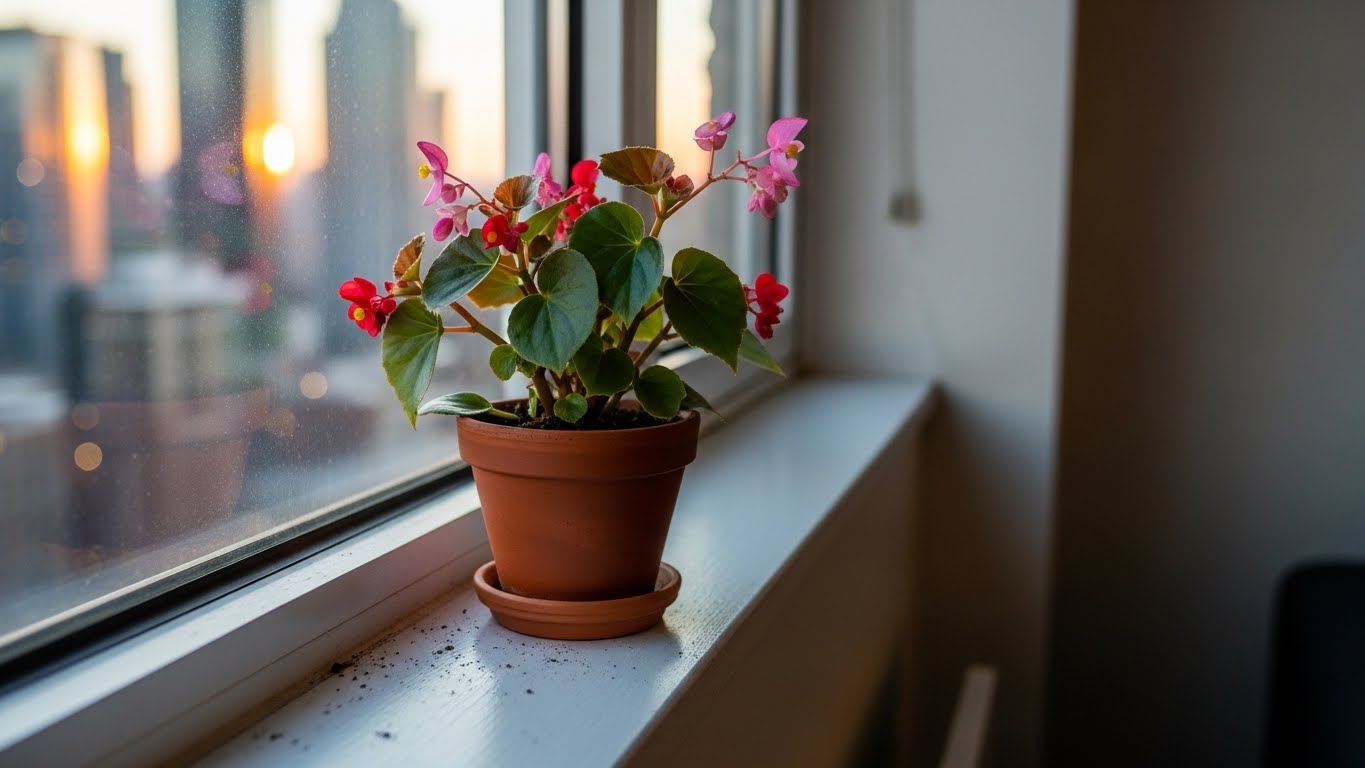 Begonia plant thriving in a bright apartment window with city skyline view