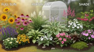 Garden with plants categorized by full sun, partial sun, and shade light needs.