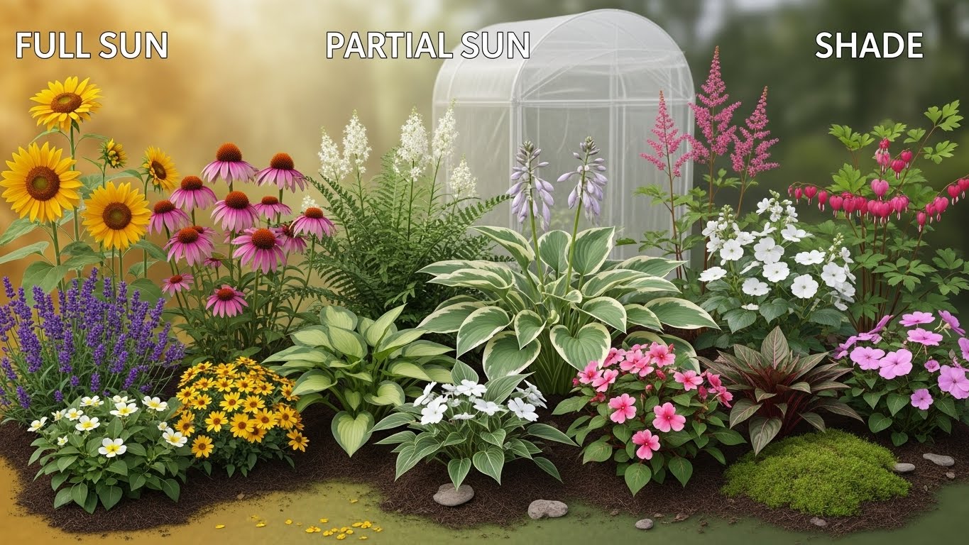 Garden with plants categorized by full sun, partial sun, and shade light needs.
