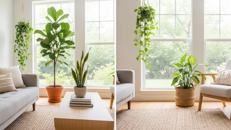 Modern living room with various houseplants and natural light