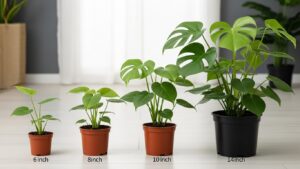 Monstera plants in varying pot sizes: 6 inch, 8 inch, 10 inch, and 14 inch