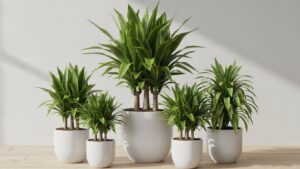Five Dracaena plants in various white pots on a wooden surface.