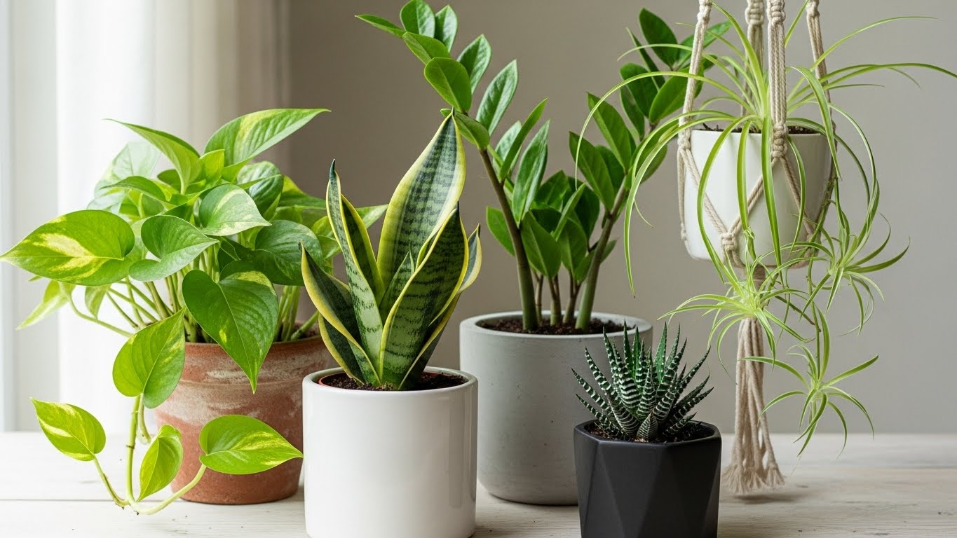 Various beginner-friendly houseplants in pots including pothos, snake plant, and spider plant.