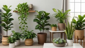 Collection of classic indoor plants in decorative pots by a window