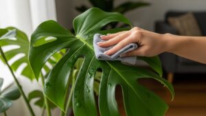 Hand cleaning Monstera leaf with cloth to remove dust