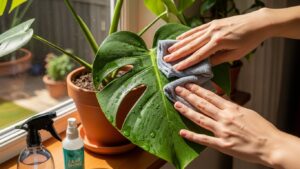 Cleaning houseplant leaves with cloth to promote health and shine