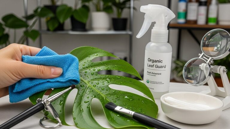 Cleaning indoor plant leaf with cloth and organic pest control spray