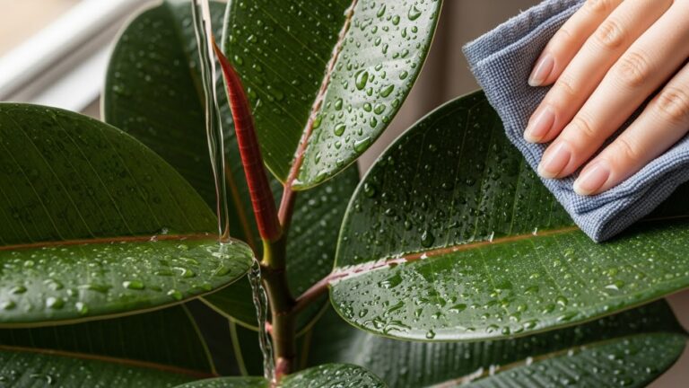 Hand cleaning rubber plant leaves with a cloth and water droplets