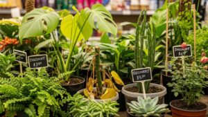 Discounted plants on clearance rack including ferns and succulents.