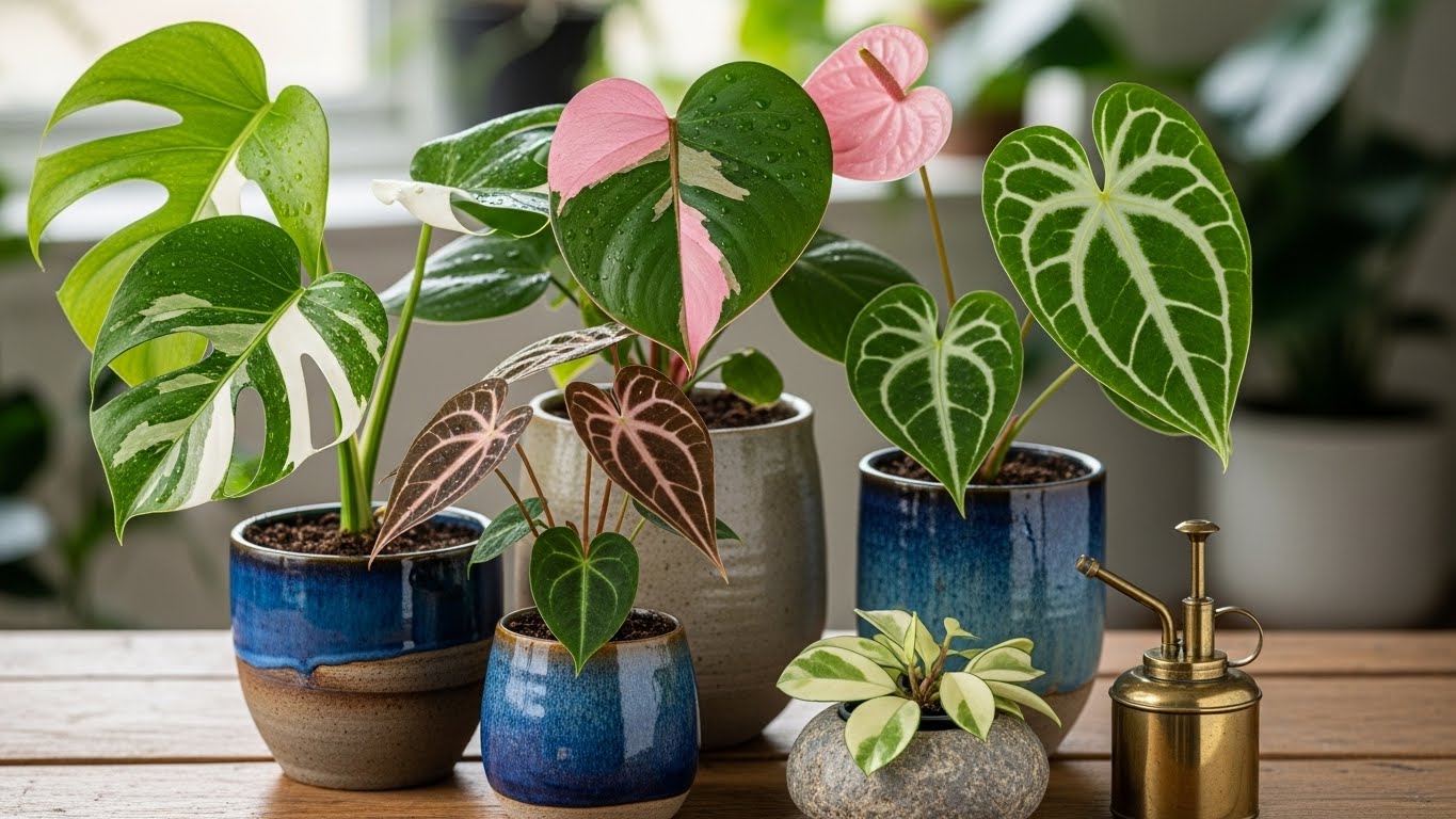 Variety of collector plants in ceramic pots on a wooden table with plant mister