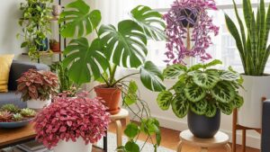 Vibrant indoor plants in a sunlit room showcasing their colorful foliage.