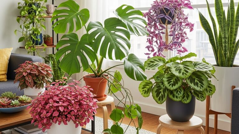 Vibrant indoor plants in a sunlit room showcasing their colorful foliage.