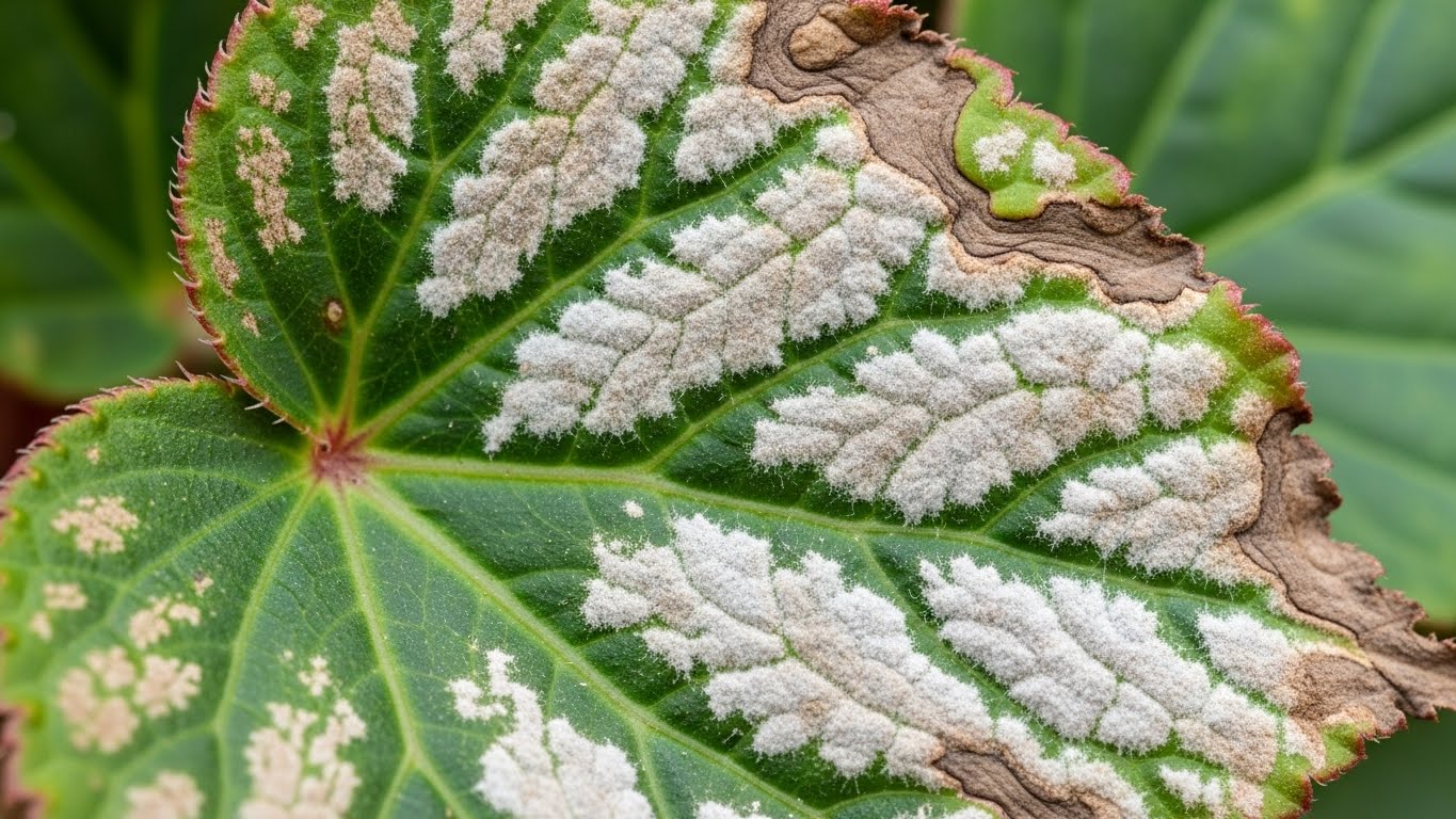 Begonia leaf with powdery mildew and dry edges, highlighting common plant issues.