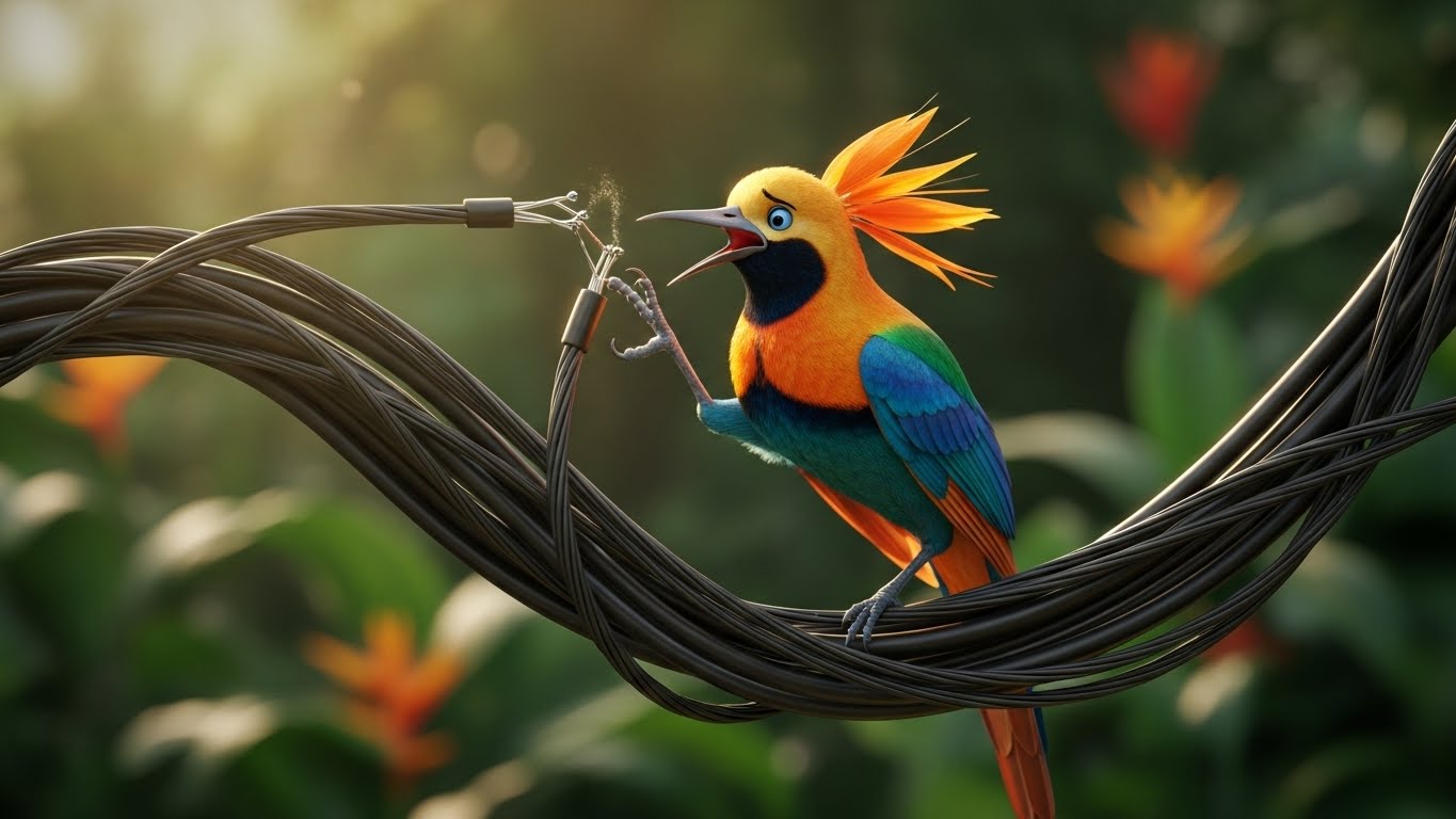 Colorful Bird of Paradise perched on a wire with garden background