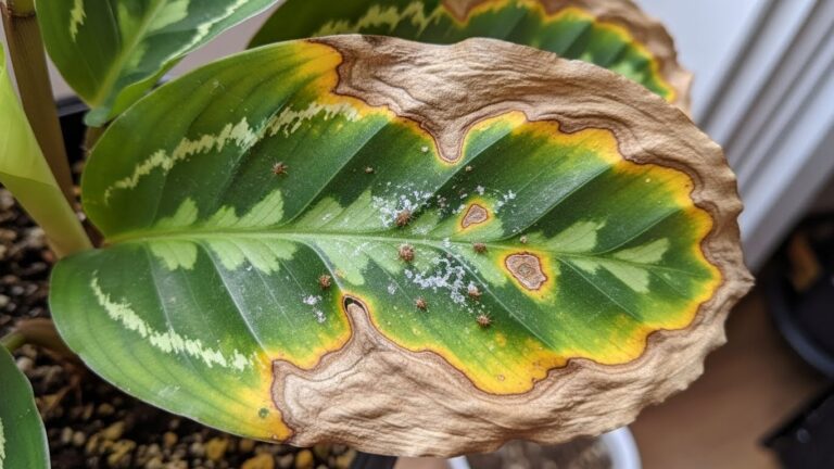 Calathea leaf with brown edges and spots indicating common plant problems