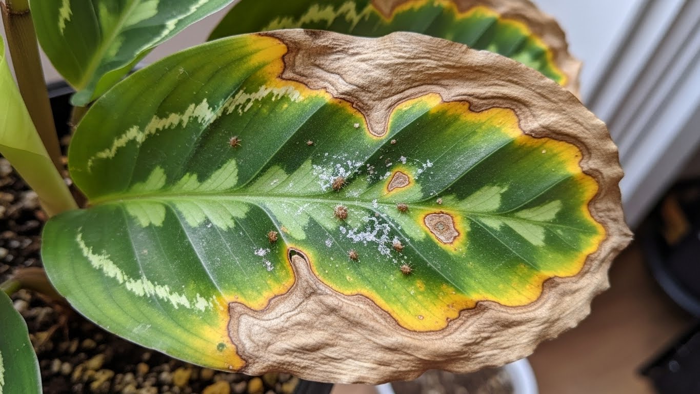 Calathea leaf with brown edges and spots indicating common plant problems