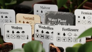Close-up of various houseplant labels with icons for care instructions.