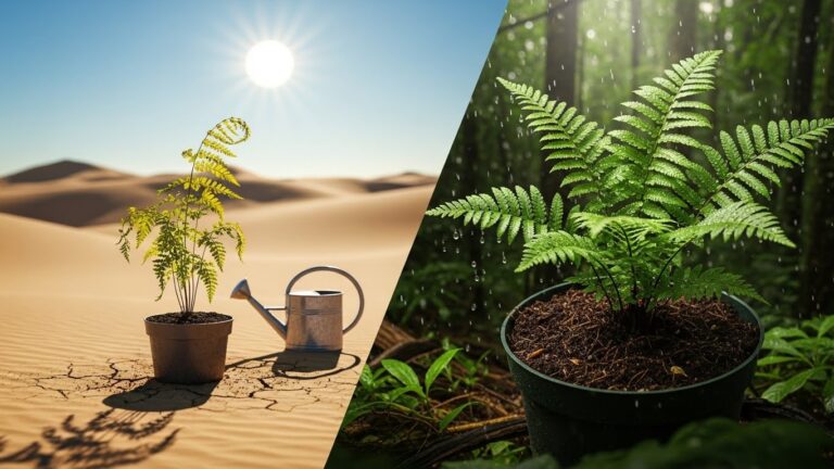 Potted fern plant in desert versus lush rainforest conditions
