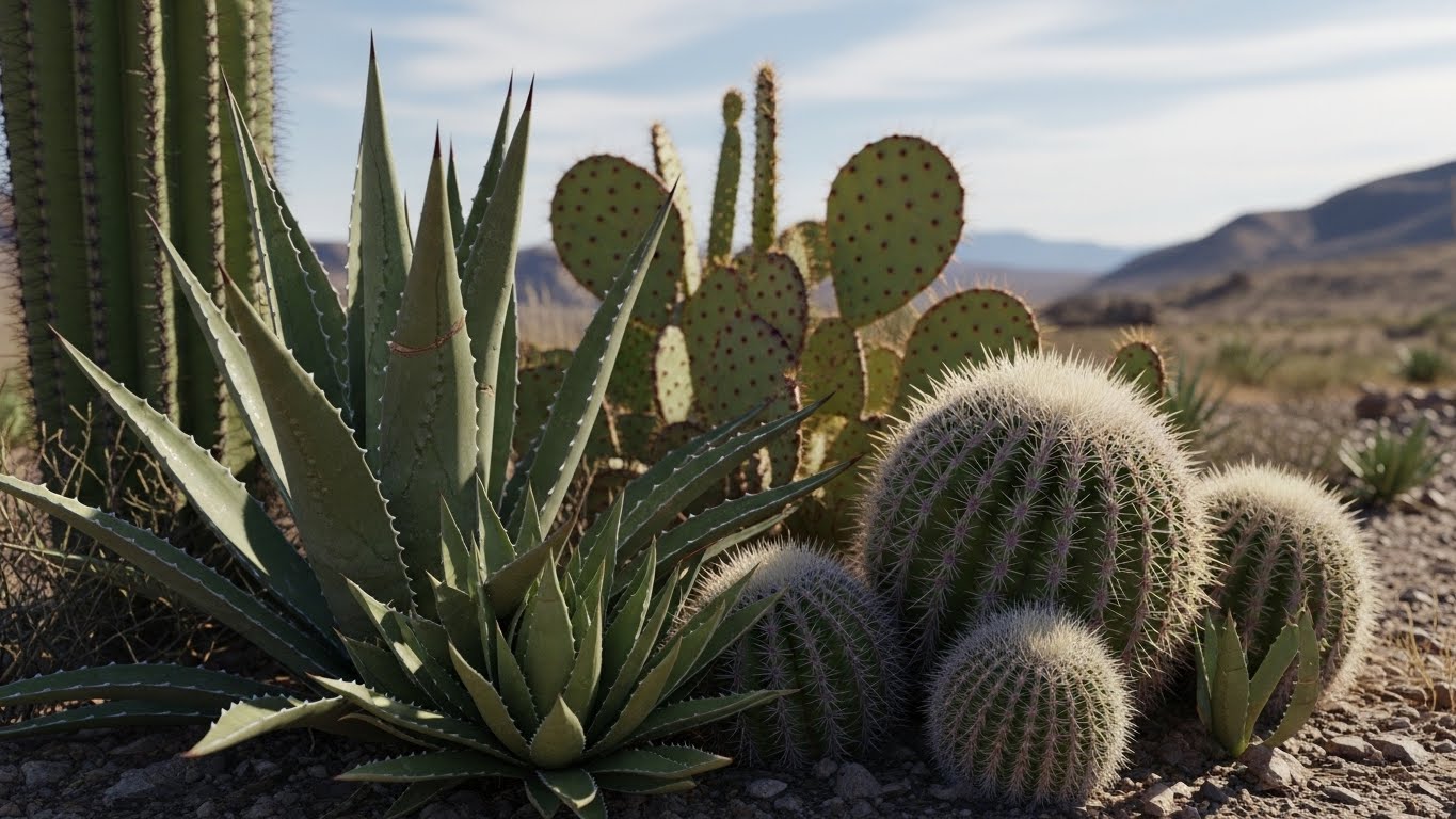 Various cacti and succulents in a desert setting highlighting hardy plant varieties