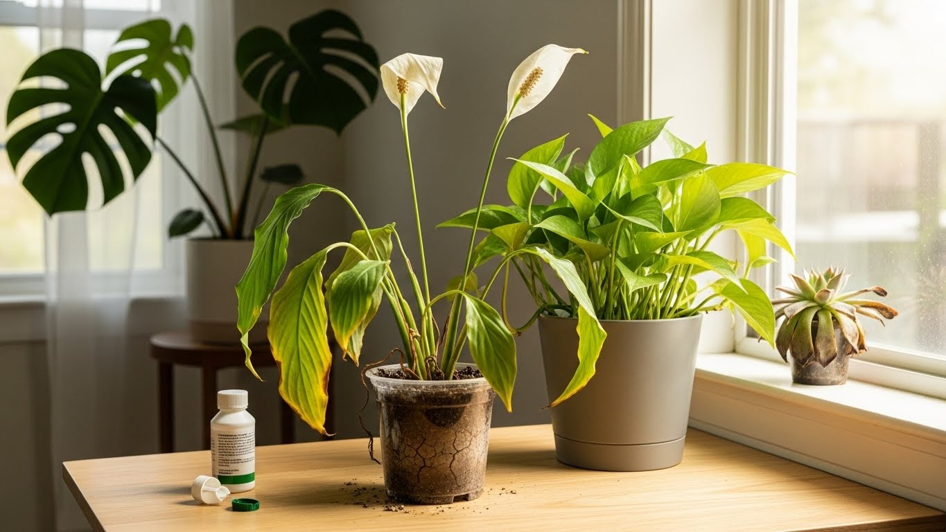 Indoor plants display showing common care mistakes of first-time plant parents