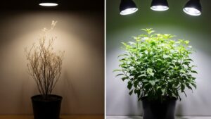 Comparison of poorly and well-lit indoor plants under artificial lighting