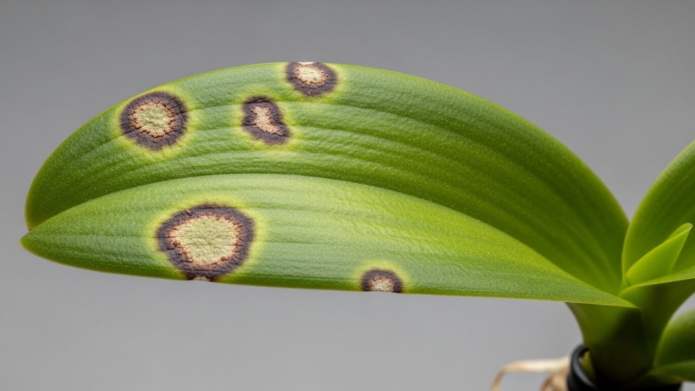 Orchid leaf with black and brown spots indicating possible pest damage