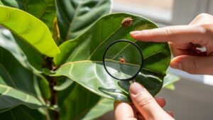 Close-up of a fiddle leaf fig leaf with spider mite under magnifying glass